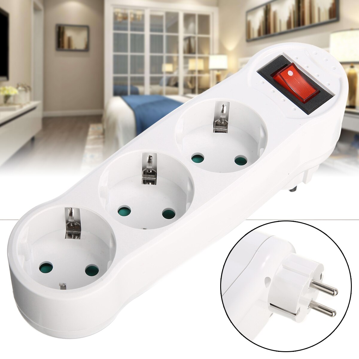 250V 16A EU Plug European Electric Adapter Multiple Outlet Extension Socket Home Electronics Charging White 3-way Plug