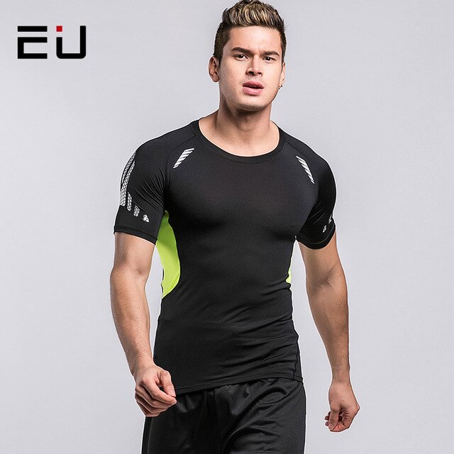 EURunning T-Shirts Men Breathable Quick Dry Fit Sport Training Exercise T Shirt Men Compression Tights Gym Shirts Sport Top Tees: M / black green