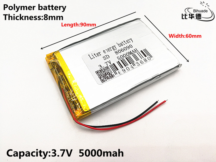 1 stks/partij Goede Qulity 3.7 V, 5000 mAH, 806090 lithium Polymeer ion/Li-Ion batterij voor SPEELGOED, POWER BANK, GPS, mp3, mp4