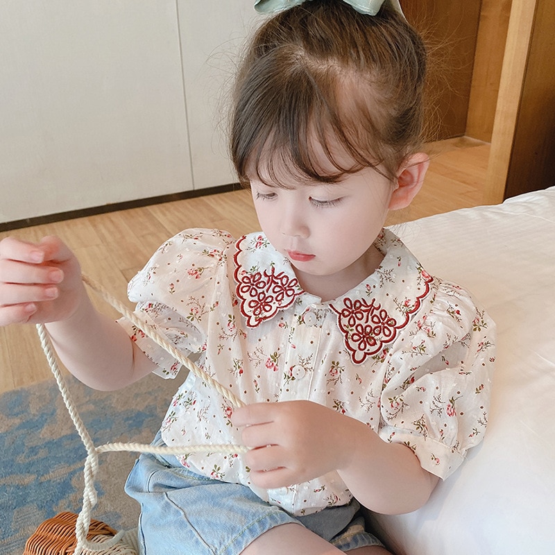 Chemise fleurie à manches courtes pour filles, chemisier à la pour enfants, été,