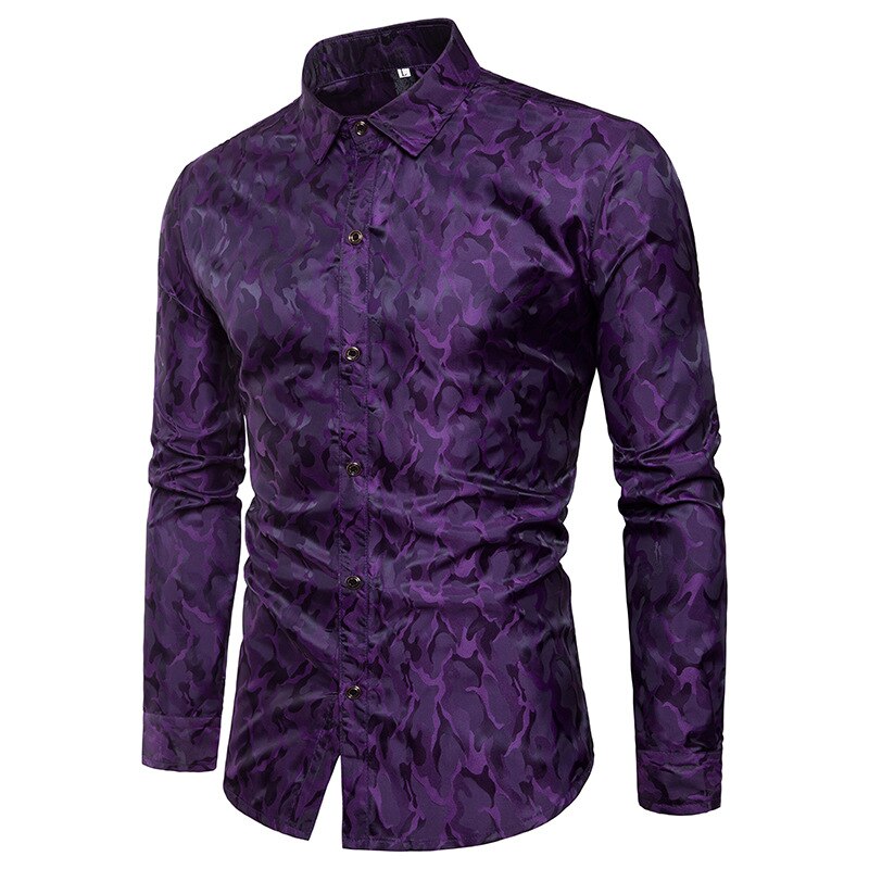 Silke satin skjorte herre mærke glat smoking skjorte skinnende camouflage print brudekjole skjorter afslappet slim fit lilla skjorte: Lilla / Xxxl