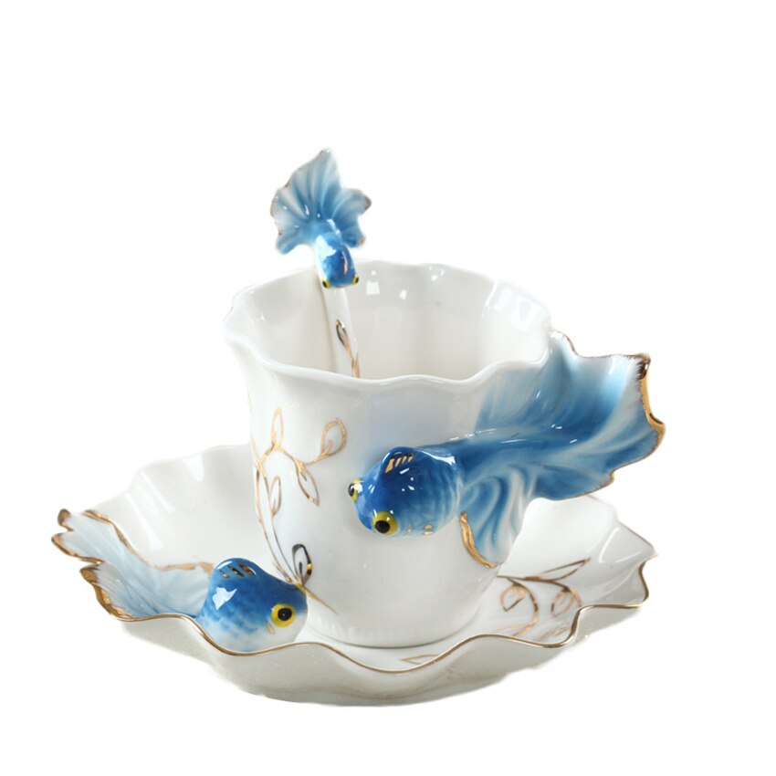 Emaille Porseleinen Kop &amp; Schotel Set Art Keramische Thee Koffie Cup Vis Porselein Thee Set Met Lepel Voor Ontbijt Thuis keuken