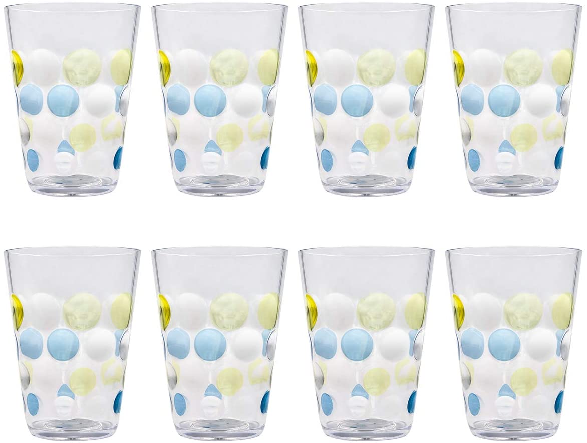 12oz Acrylic Break-Resistant Drinking Glasses Dishwasher Safe Plastic Glass Stackable Juice Cups| Clear Set of 8 (Blue)