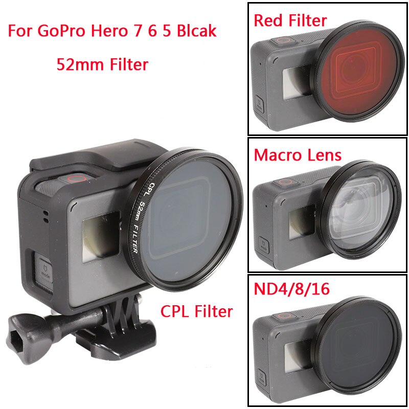 Juego de filtros para GoPro Hero 7, 6, 5, accesorios, lente estrella 52mm ND 4/8/16/ CPL/UV/MC/filtro de color rojo con anillo adaptador de tapa de lente