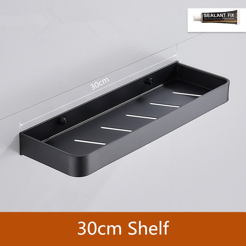 Bathroom Black Shelf with Towel Bar Space Aluminum Corner Shelves Towel Rack with Hook Shampoo Holder Kitchen Storage Rack: 30cm