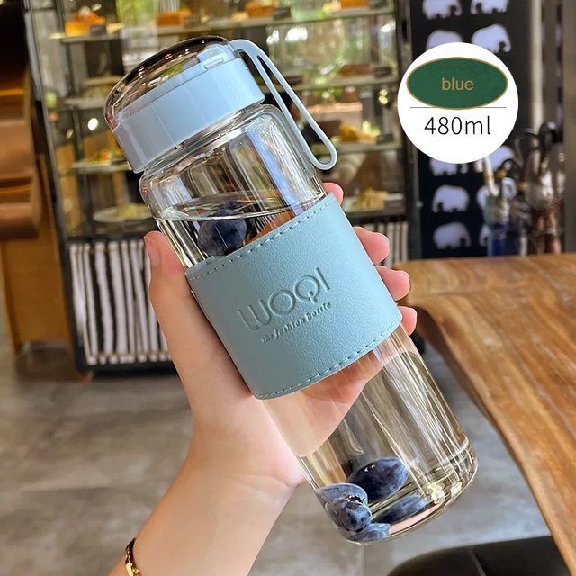 Botella de cristal portátil resistente al calor, 340ML, 480ML, para bebidas, agua fría, zumo, té, con tapa de tornillo, filtro, red fácil de llevar: blue 480ml