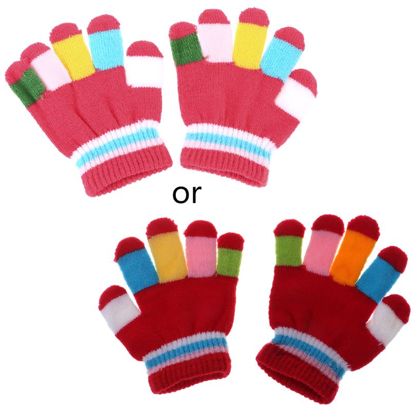 1 Pair Kids Gloves Full Finger Warm Winter Children Colorful Stripe Knitted Boys Girls Solid Glove Multi Color Elastic: Red