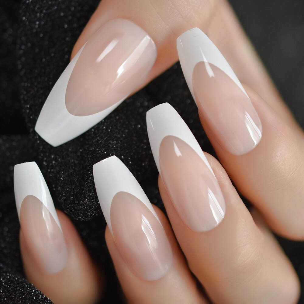 Holografisk faux ongles ombre nautal fransk nagel extra lång kista glitter abs gel fingernagel set 24 ct: L5291