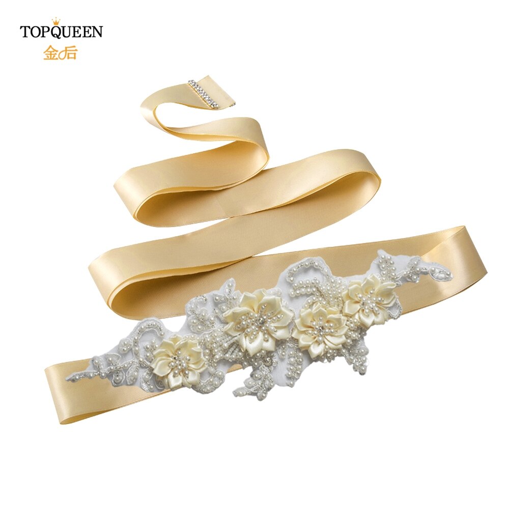 TOPQUEEN-cinturones de abalorios hechos a mano para novias, cinturón embellecedor de noche, cinturones de lujo, accesorios para vestidos de boda, S346: champagne ribbon