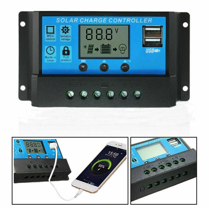 Controladores solares automáticos para el hogar, Panel LCD 10A /20A /30A, regulador de batería MPPT Solar, controlador de carga USB Dual con 5V/2A