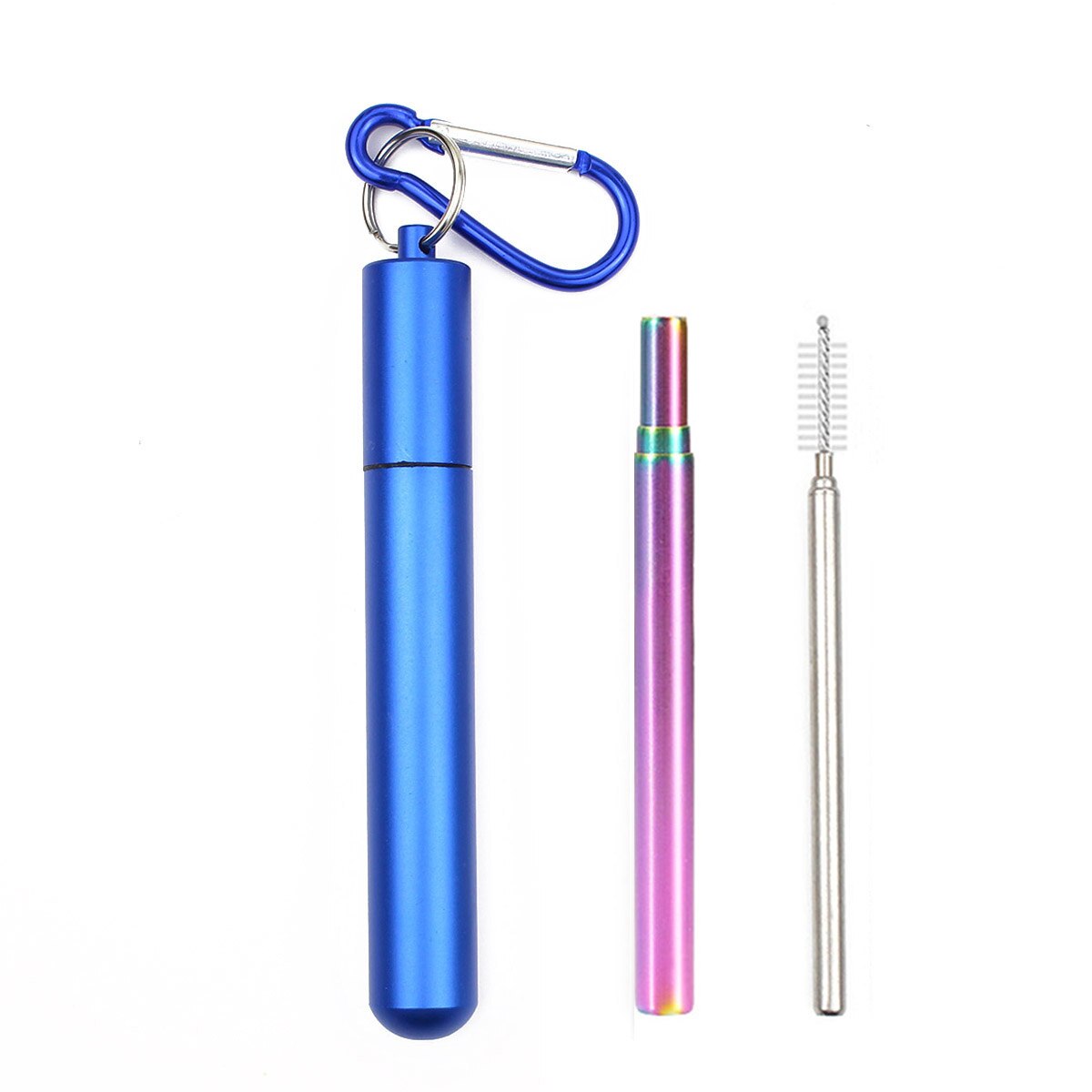 Reusable Stainless Steel Straws with Aluminum Keychain Case Cleaning Brush Collapsible Telescopic Portable Drinking Straws: Blue1-yuan