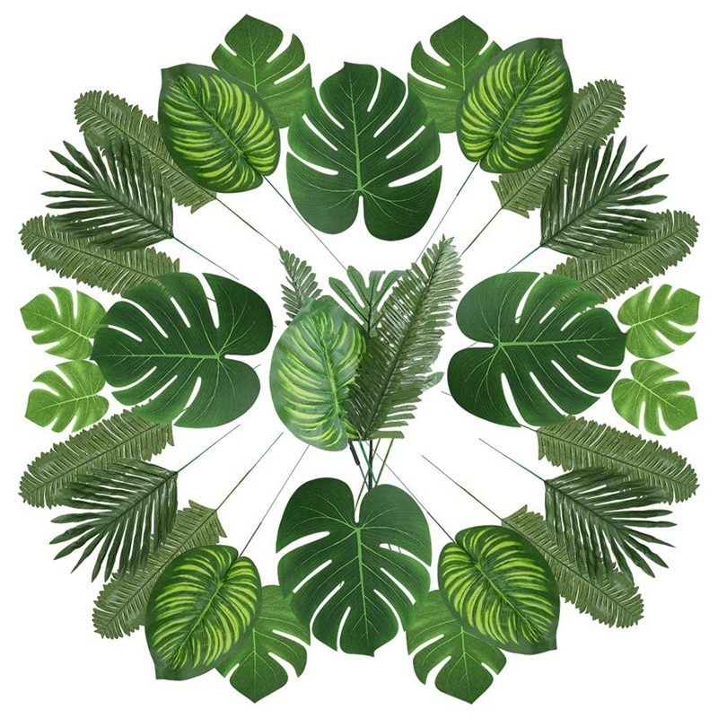 -90 hojas de palmera artificiales con tallo para decoración de Tropical hojas de palma de aniversario de playa de La Selva