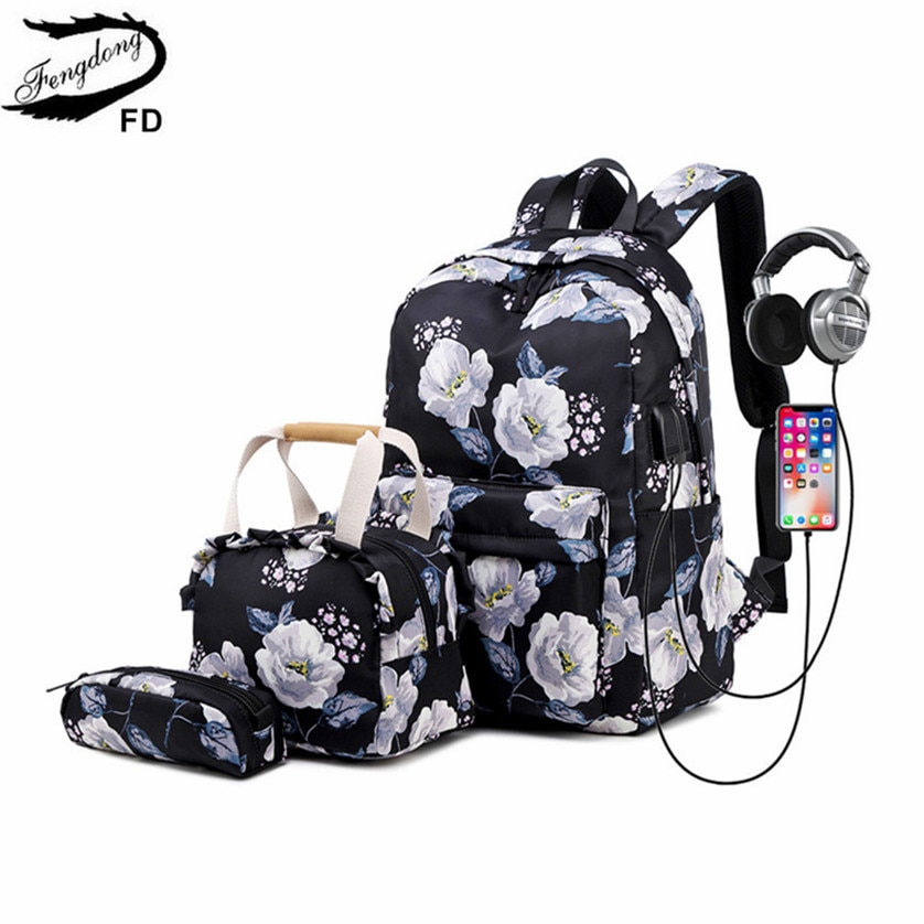 Fengdong 3pcs/set floral school backpack for girls cute flower handbag set student pencil bag children school bags kids backpack