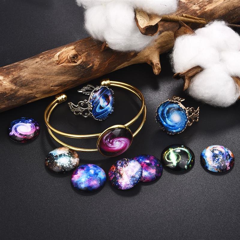 50Pcs Starry Sky Pattern Flat Glass Cabochons Cameo Jewelry Making Fit 12mm 20mm 25mm Blank Base Setting Earrings Necklace DIY