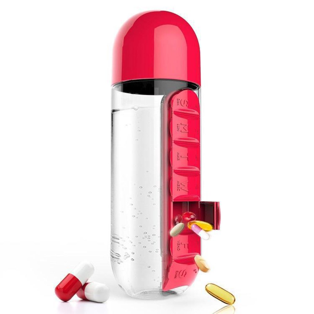 600Ml Sport Plastic Water Fles Combineren Dagelijks Pill Boxes Organisator Drinken Flessen Lekvrije Fles Tumbler Outdoor: Red