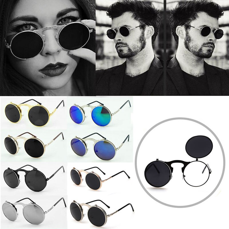 Men Women Vintage Round Metal Frame Flip Up Sunglasses Glasses Eyewear Lens L4ME