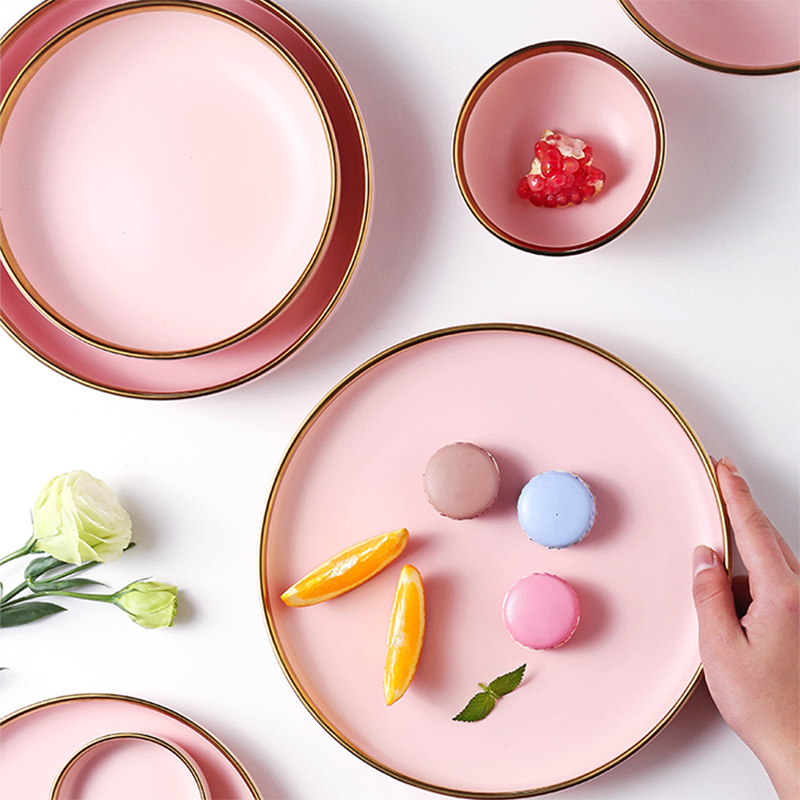 Pink/blå keramik guld indlæg tallerken sæt bøf mad tallerken nordisk stil komplet bordservice skål fad porcelæn spisestel sæt