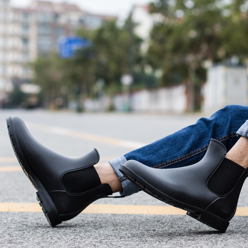 Mens Rubber Rain Boots Chelsea Boots Men Casual Slip On Waterproof Ankle Boots PVC Shoes Pointed Toe Low Top Rainboots99