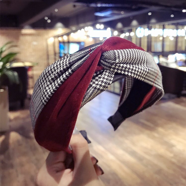 Korean-style Simple Style Hair Accessories Fabric Plaid Stitching Gogo Cross Large Rims Hair Bands Headband Hair Fix: Wine Red