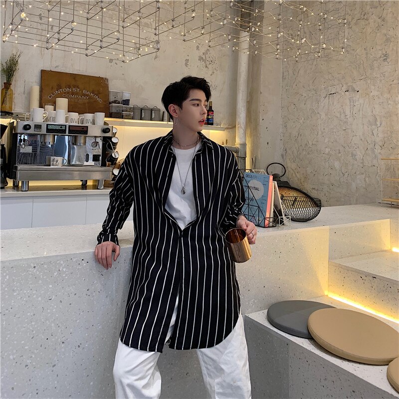 Hombres Streetwear Hip Hop suelta Casual camisas a rayas de hombre camisa de manga larga estilo playa prendas de vestir exteriores Cardigan