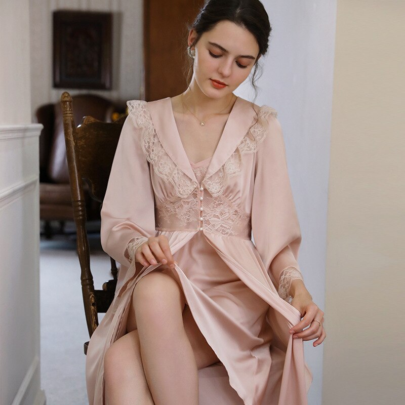 Robe Romantic Nightgown Satin Lace Robe Set Princess Woman Summer Dressing Gown Bridesmaid