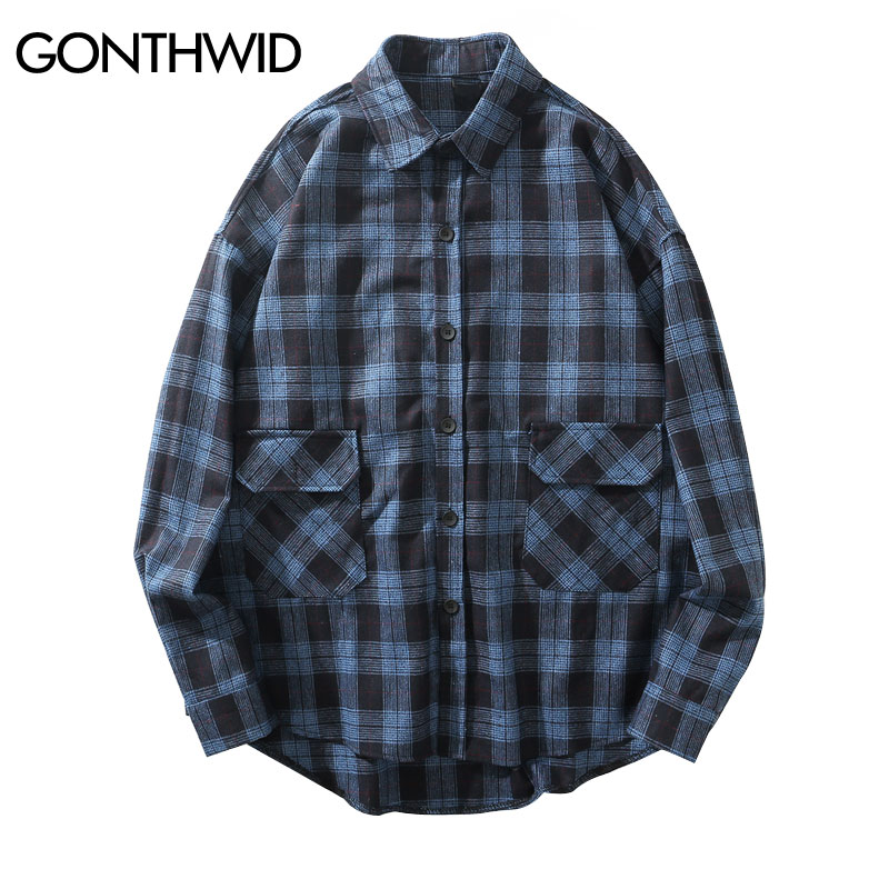 GONTHWID-camisas a cuadros de manga larga con bolsillos delanteros para hombre, ropa informal de Hip Hop, ropa de calle, camisas, abrigos, camisetas Harajuku