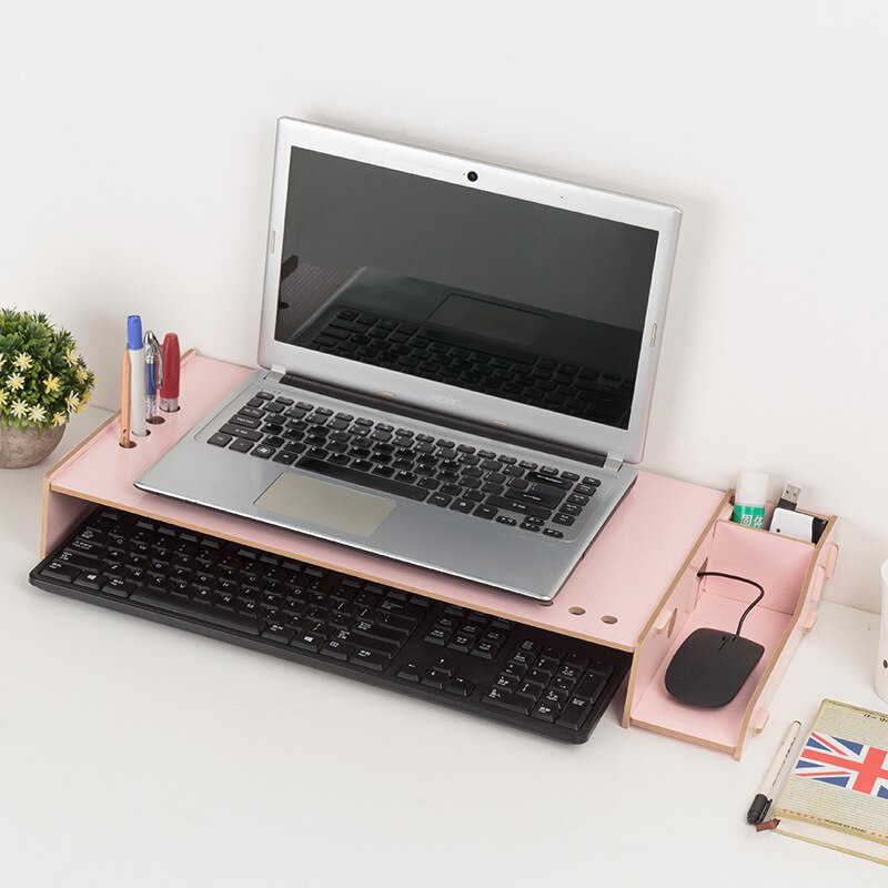 Wood Assembly Laptop Desk Table Monitor Riser DIY Office Storage Shelf Computer Screen Stands Keyboard Organizer Laptop Holder: Light Pink