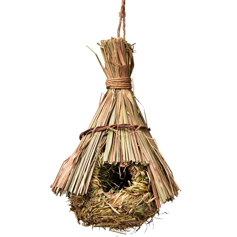 1PC Natural Khaki Straw Bird Nest Handmade Birdhouse Parrot Hanging Cave Woven Bird Cage Home Yard Decoration Small Pet Supplies: C