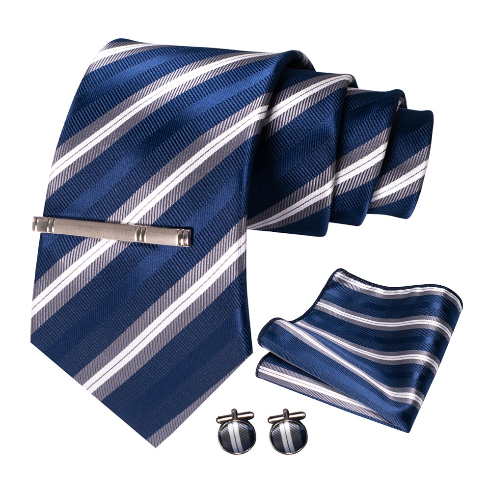 JEMYGINS – cravate en soie pour hommes, ensemble de boutons de manchette, à carreaux, rayures, bleu marine, 100%: 001