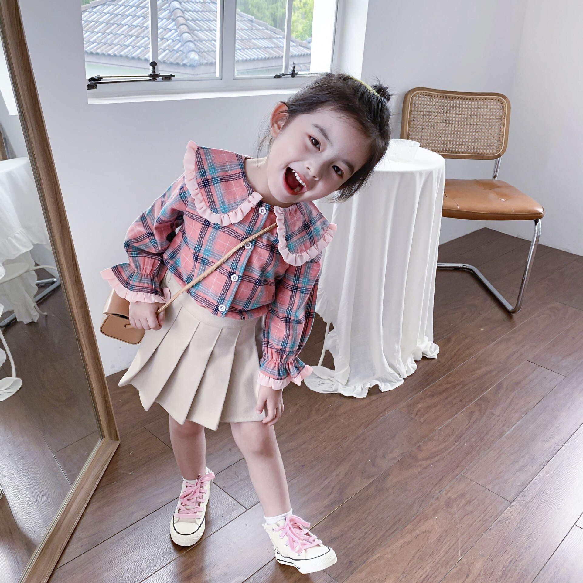 Herfstmeisjes geruit t-shirt met lange mouwen, katoenen topjes voor kinderen, meisjestopje: Roze / 18m