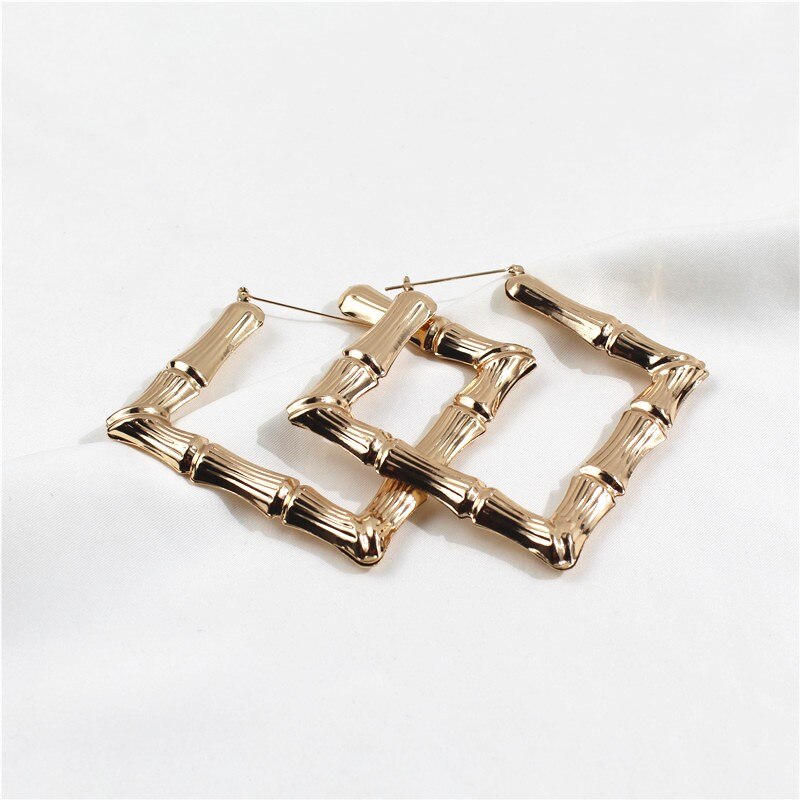 Hip Hop Gold Color Metal Large Square Bamboo Earrings Big Circle Bamboo Joint Hoop Earrings For Women Jewelry Party