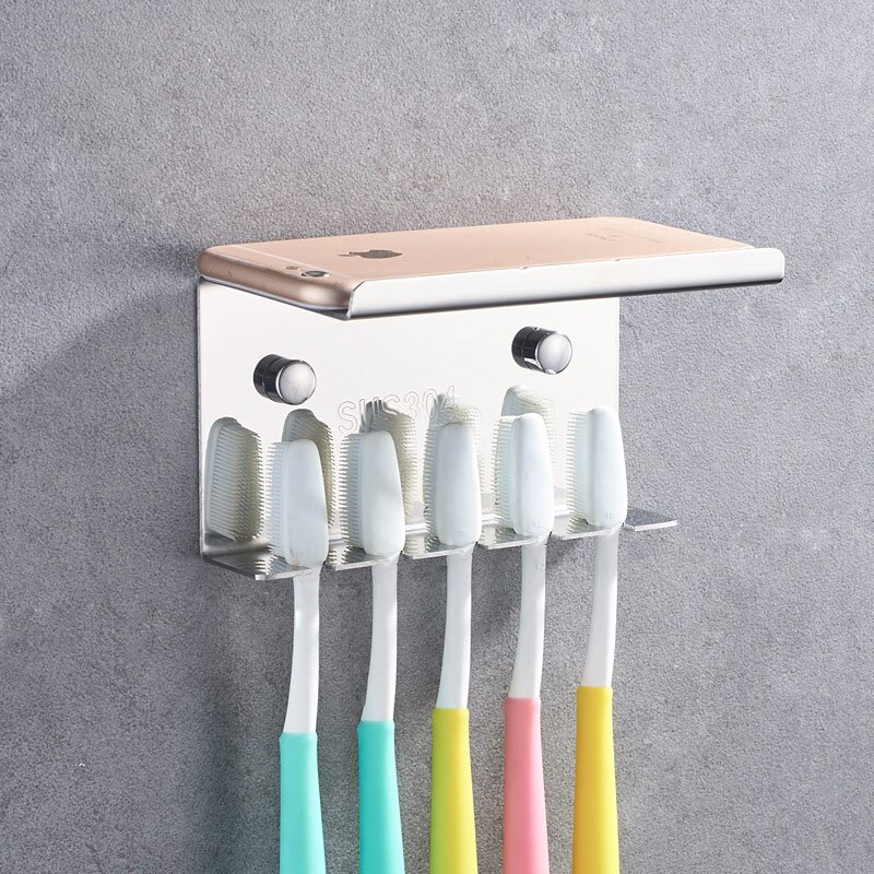 304 rustfrit stål badeværelse tandbørste holder sæt vægmontering sort tandbørste opbevaringsstativ arrangør badeværelse tilbehør: Sølv