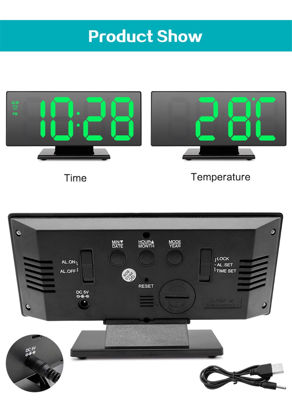 Led Digitale Wekker Spiegel Elektronische Klokken Lcd-scherm Digitale Tafel Klok Met Temperatuur Kalender Wakker Wekker