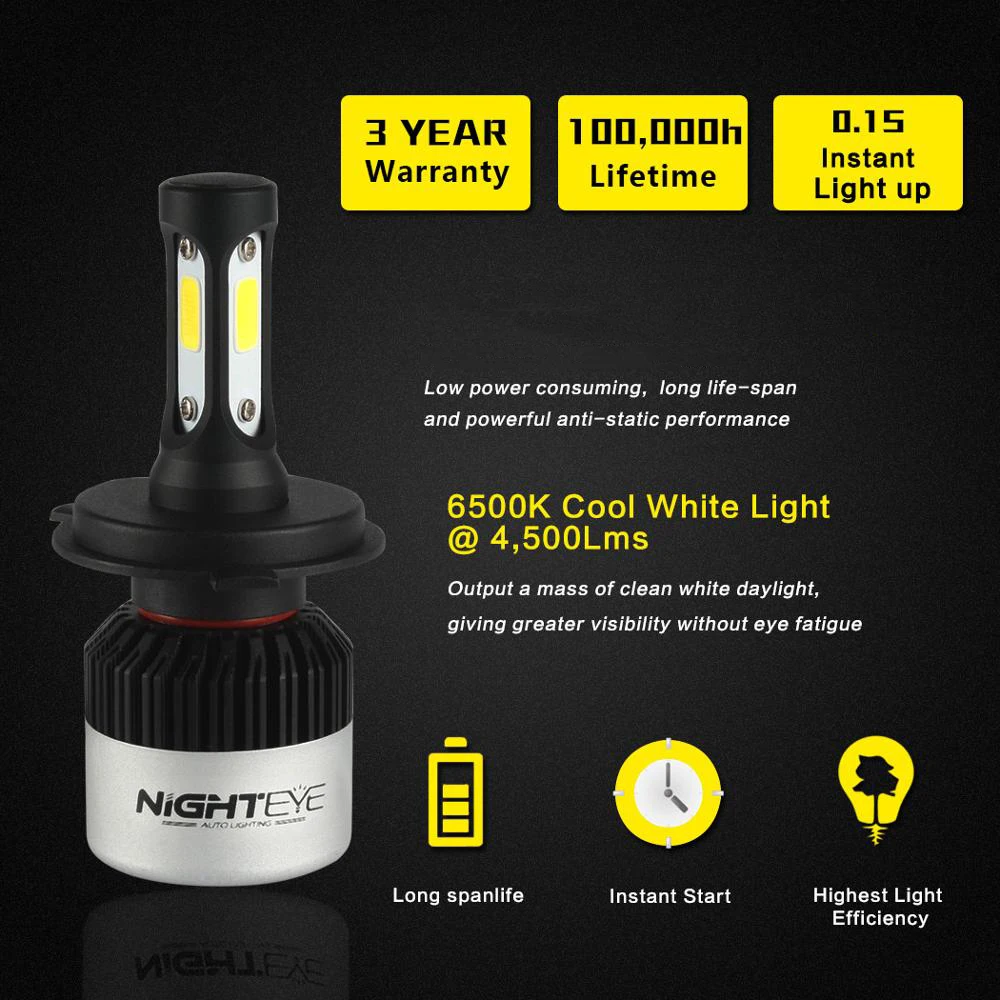 NIGHTEYE faros de coche superbrillantes H7 LED H4 led H8/H9/H11 HB3/9005 HB4/9006 bombilla automática 72W 9000LM faros de automóviles 6500K
