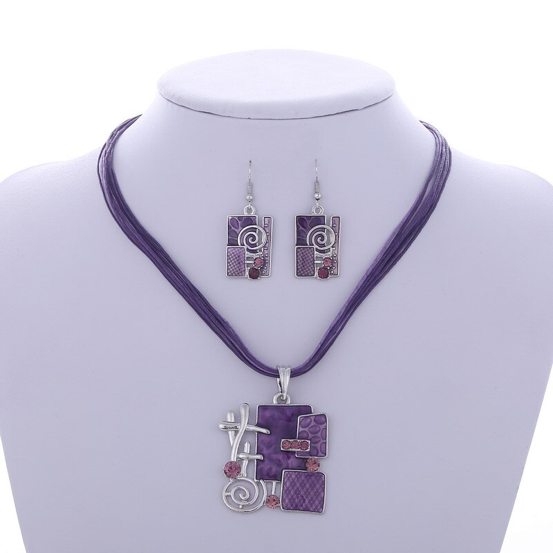 Emalje smykke sæt delikat læder reb vedhæng geometri choker halskæde øreringe sæt boho smykke sæt: F825