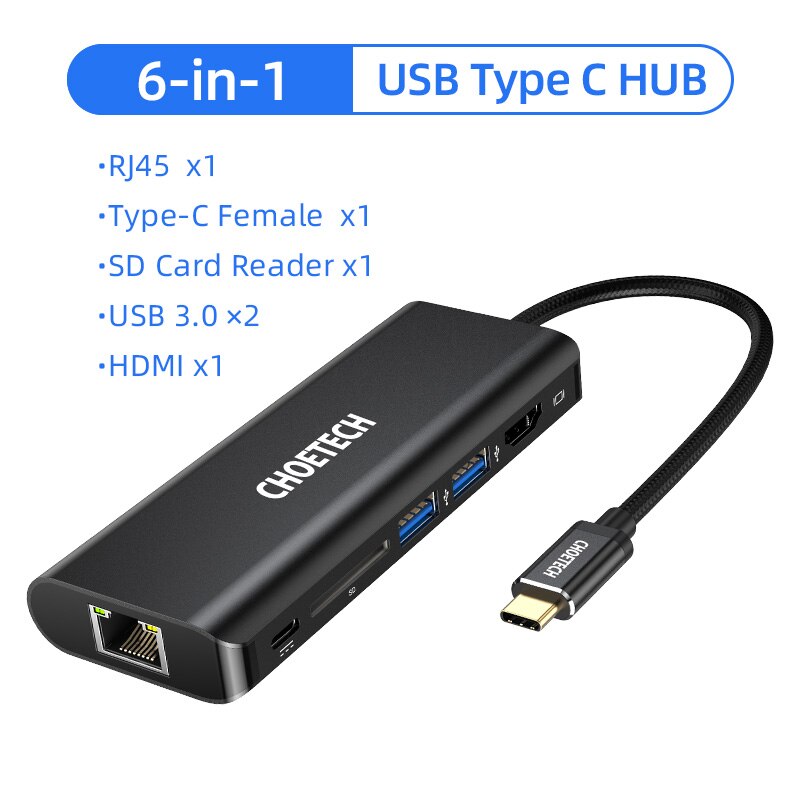 CHOETECH USB HUB C HUB to Multi USB 3.0 HDMI RJ45 Adapter SD Reader for MacBook Pro USB-C Type C 3.0 Splitter 2 Port USB C HUB: 6 in 1 USB C Hub