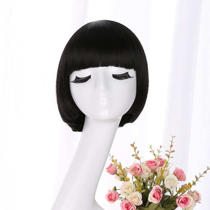 Peluca recta con corte Bob estilo coreano Yiyaobess, con flequillo, pelo sintético Natural, pelucas para mujer cortas de color marrón, negro, lino, gris, azul y Rubio: Color negro natural