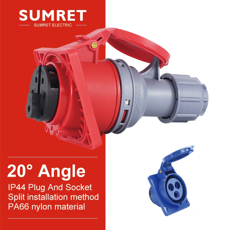 16a 32a waterproof industrial plugs and sockets IP44 3P 4 core 5 pins P N E Panel Mounted tilted oblique socket