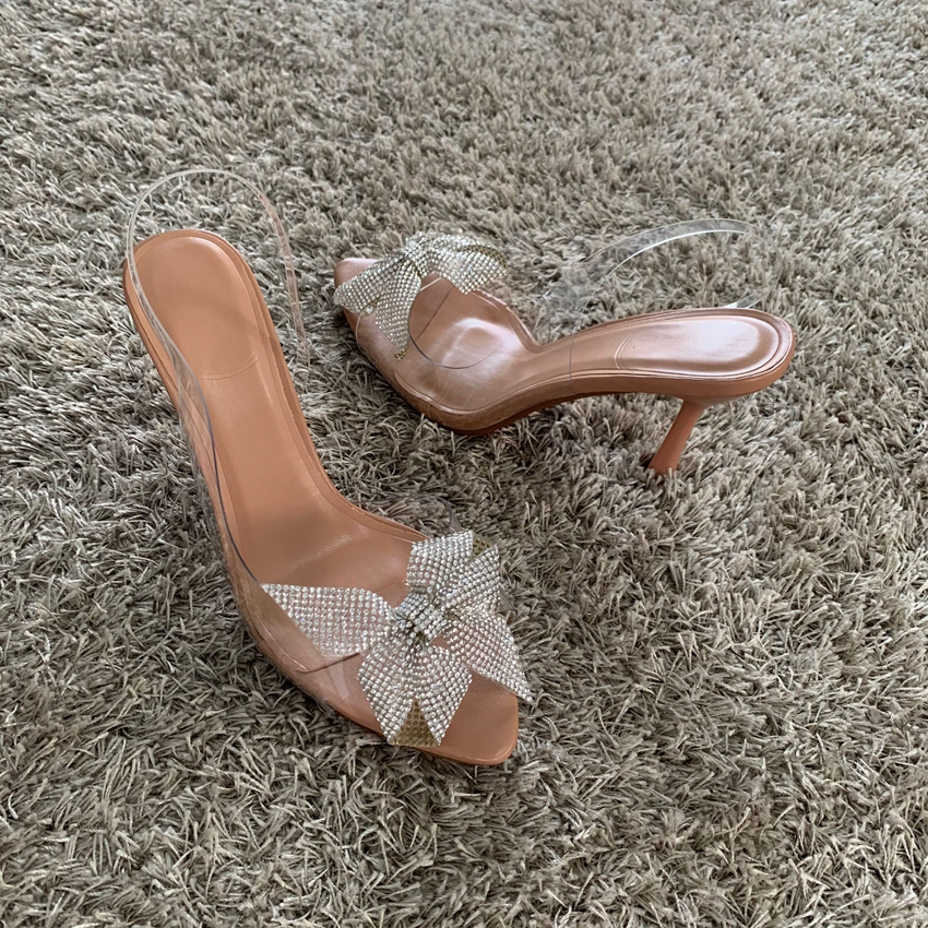 2024 Dames Hoge Hakken Sandaal Schoenen Vrouw Strass Strik Sandalen Vrouwen Pumps Zomer Feest Slippers Vlinder Knoop Trouwschoen