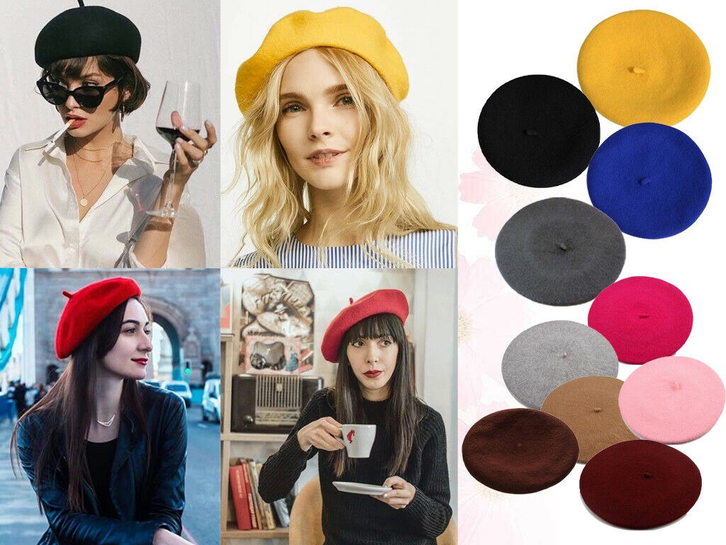 Boina de lana de imitación para mujer y niña, gorro cálido de artista francés, gorro plano Kawaii, en rojo, negro, Morado, beige y naranja, para invierno