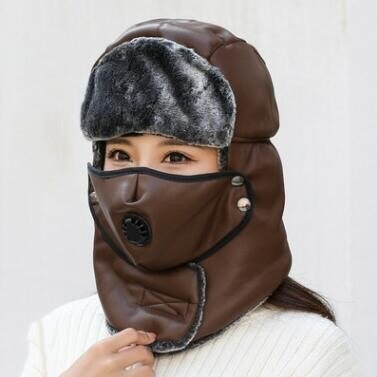 Chapeaux de bombardier thermiques en cuir pour hommes et femmes, Protection des oreilles, casquette de Ski, Protection du cou épaisse en velours pour vieil homme, hiver: Coffee