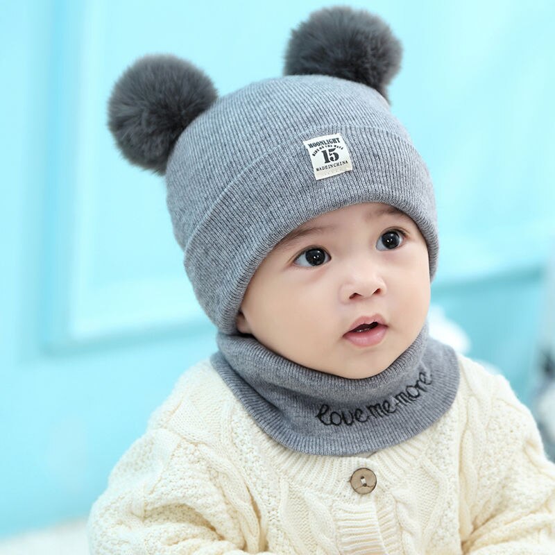 Baby hat forår og efterår 0-3-6-12 måneder drenge og piger hat vinter varm uld børn hat hals omslag børns fortykkede hatte: Grå