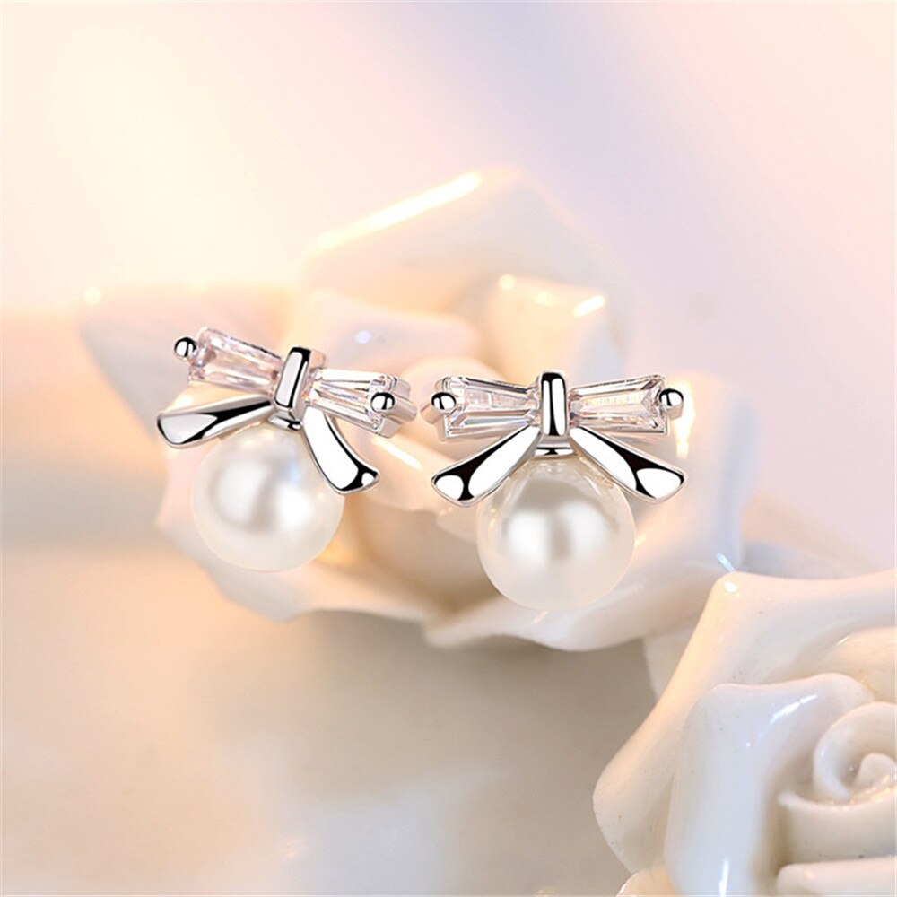 Fashionable Silver Jewelry Female Stud Earrings Luxury Cubic Zirconia Pearl Earrings Bow Tie Sweet and Simple Trinkets 6MM