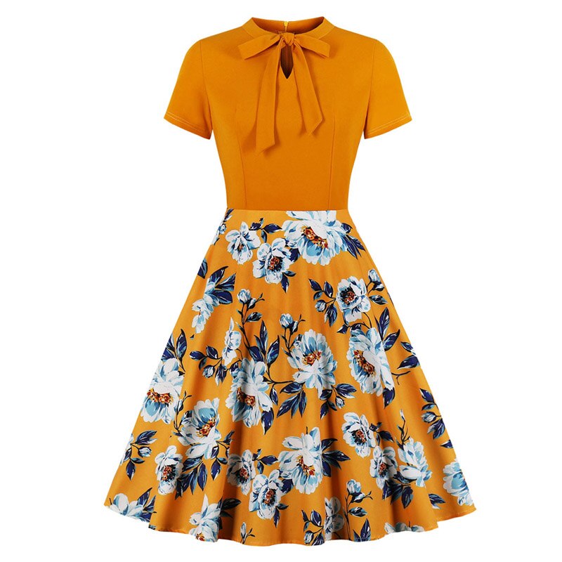 Tonval orange med blomster slips hals kort ærme sommer blomster kjole afslappet kvinder en linje vintage retro skater kjoler: M