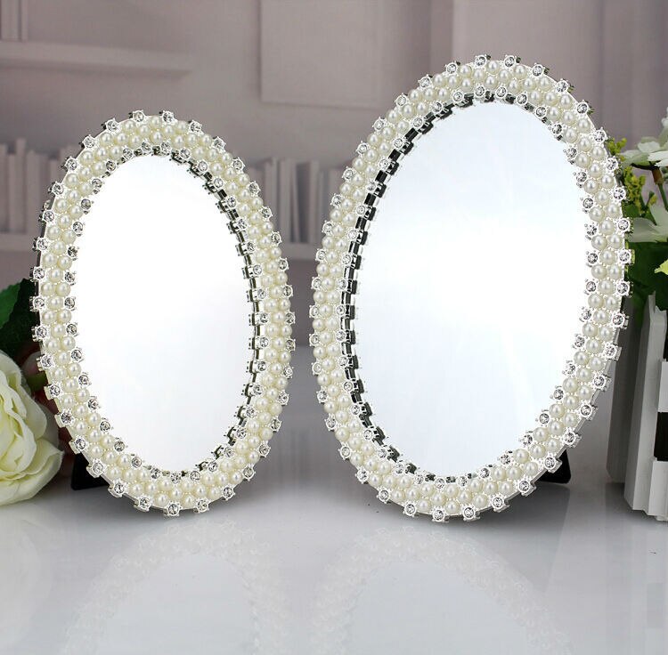 Europeu moderno oval pérola espelho de mesa metal quadro espelho decoração do casamento espelho emoldurado decoração para casa hzj010