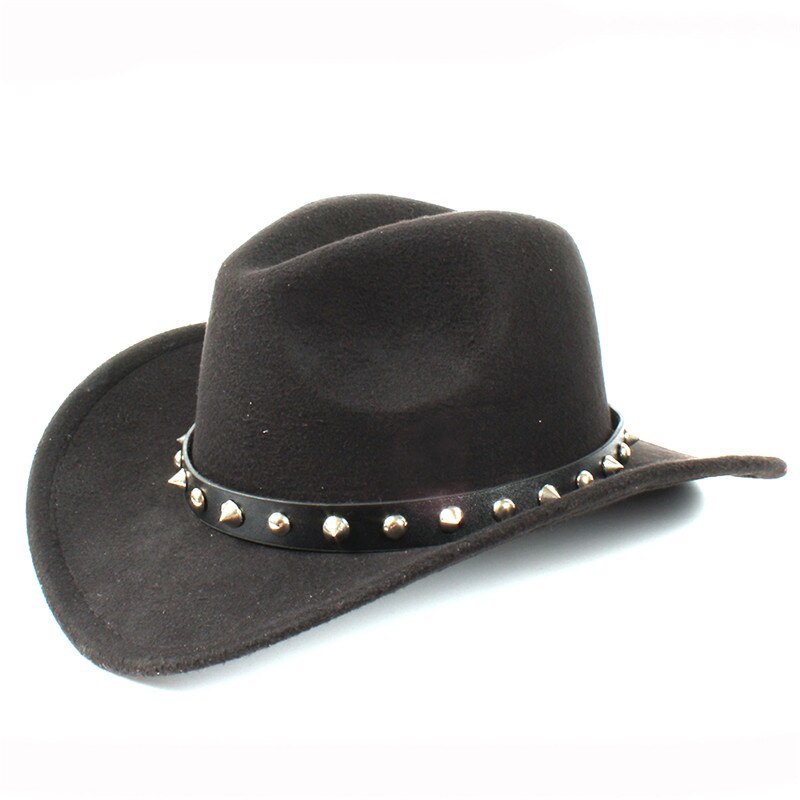 Damer uldfilt vestlig cowboyhue med sammenrullet bred kant gentleman lady jazz cowgirl punk nittebælte sombrero caps  c18: Sort