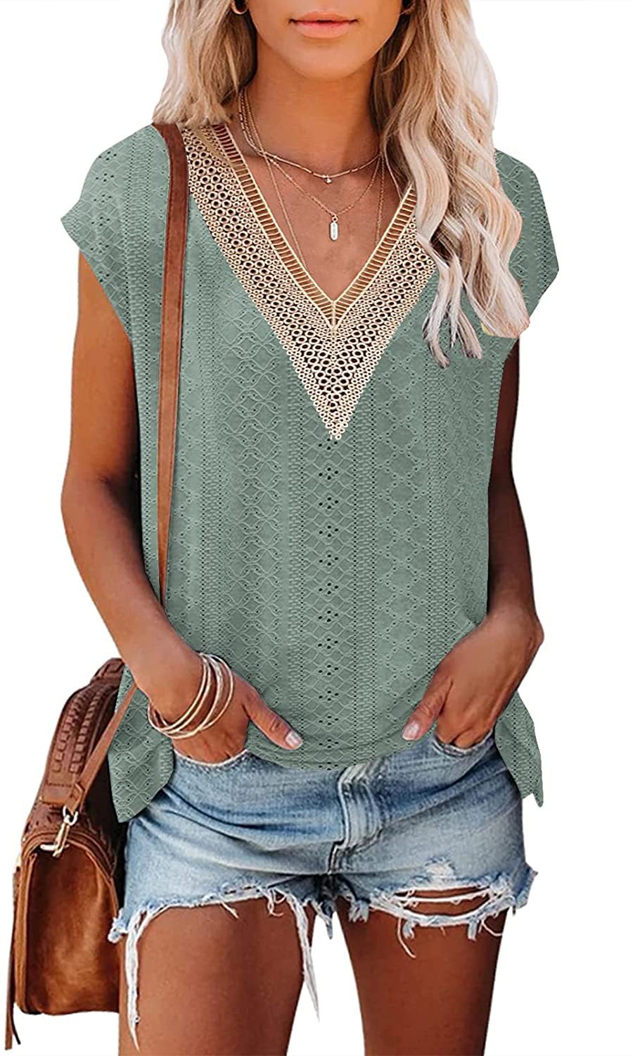 Yjkdyk dame sommertop kontrast t-shirt udhulet v-hals patchwork blonde t-shirt afslappet løs blød top kvinder: M / Mørkegrøn
