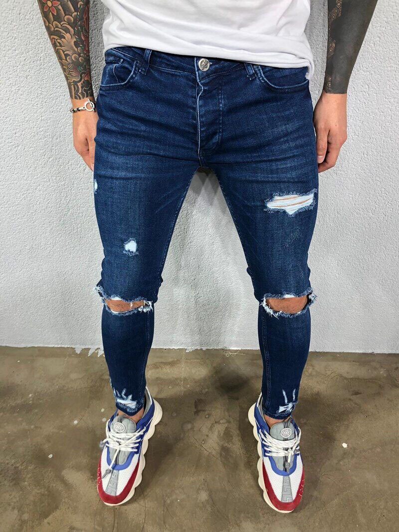 Homme déchiré crayon Pantalon Slim Denim couleur Pure motard jean détruit trou Hip Hop Slim homme rayé jean Hombre Pantalon
