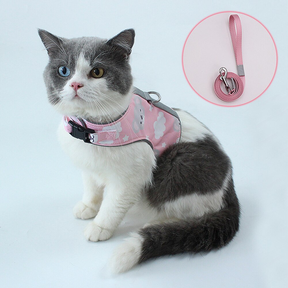 Polyester huisdier kat reflecterende mesh riem draagbare buiten huisdier kat hond wandelriem katten harnas uitschuifbare hondenriem touw: Roze / Ik