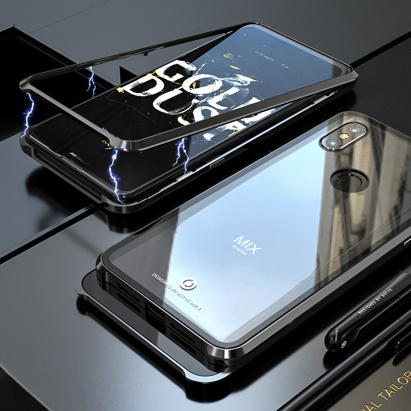 Magnetic Adorption Metal Bumper Glass Case For coque Xiaomi Mi Mix 3 Case Shockproof Hard Back Glass Cover For Xiaomi Mix3 Case: Black / No Retail Box